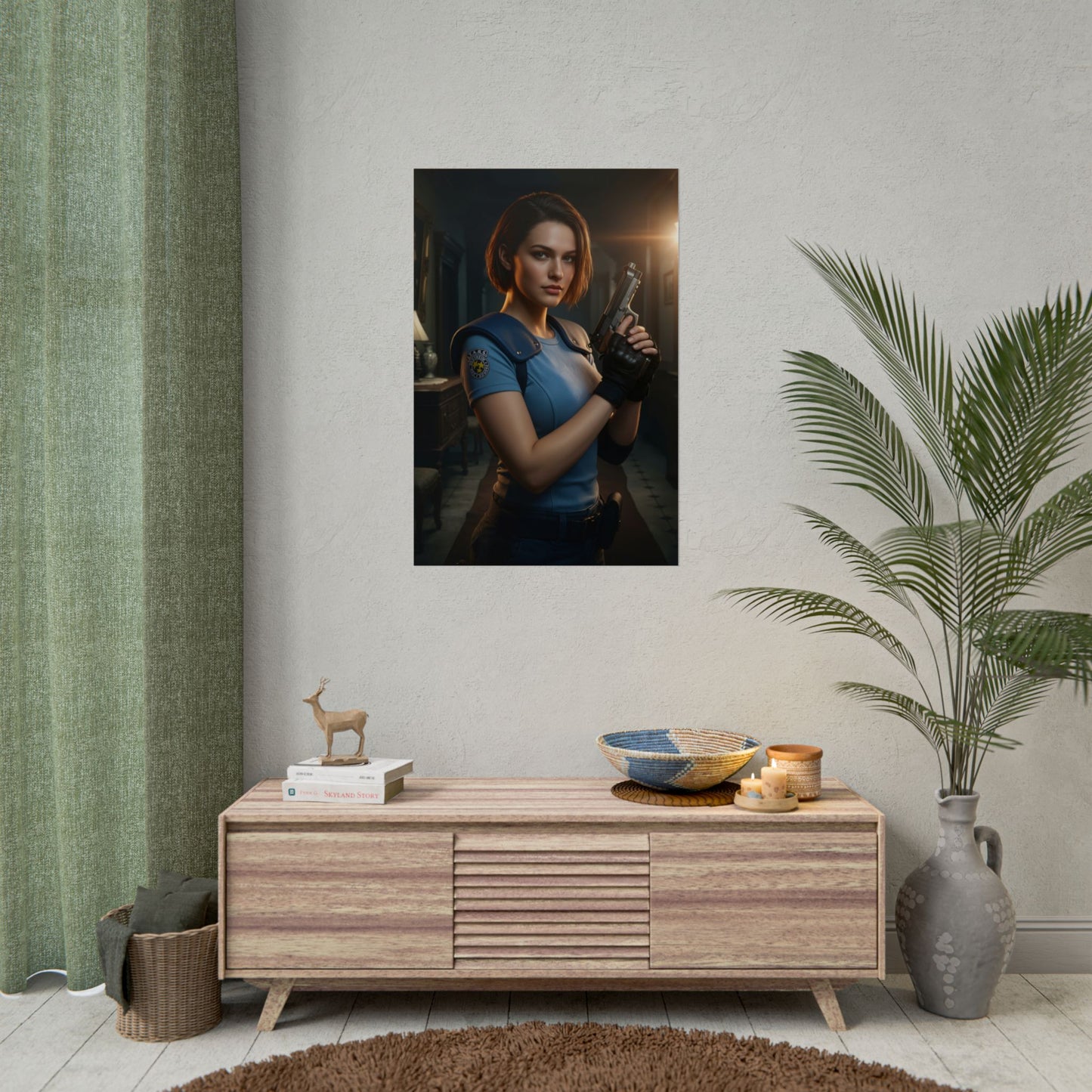 Jill Valentine Poster, Resident Evil Art Print – Iconic Survival Heroine framed on a modern gaming room wall