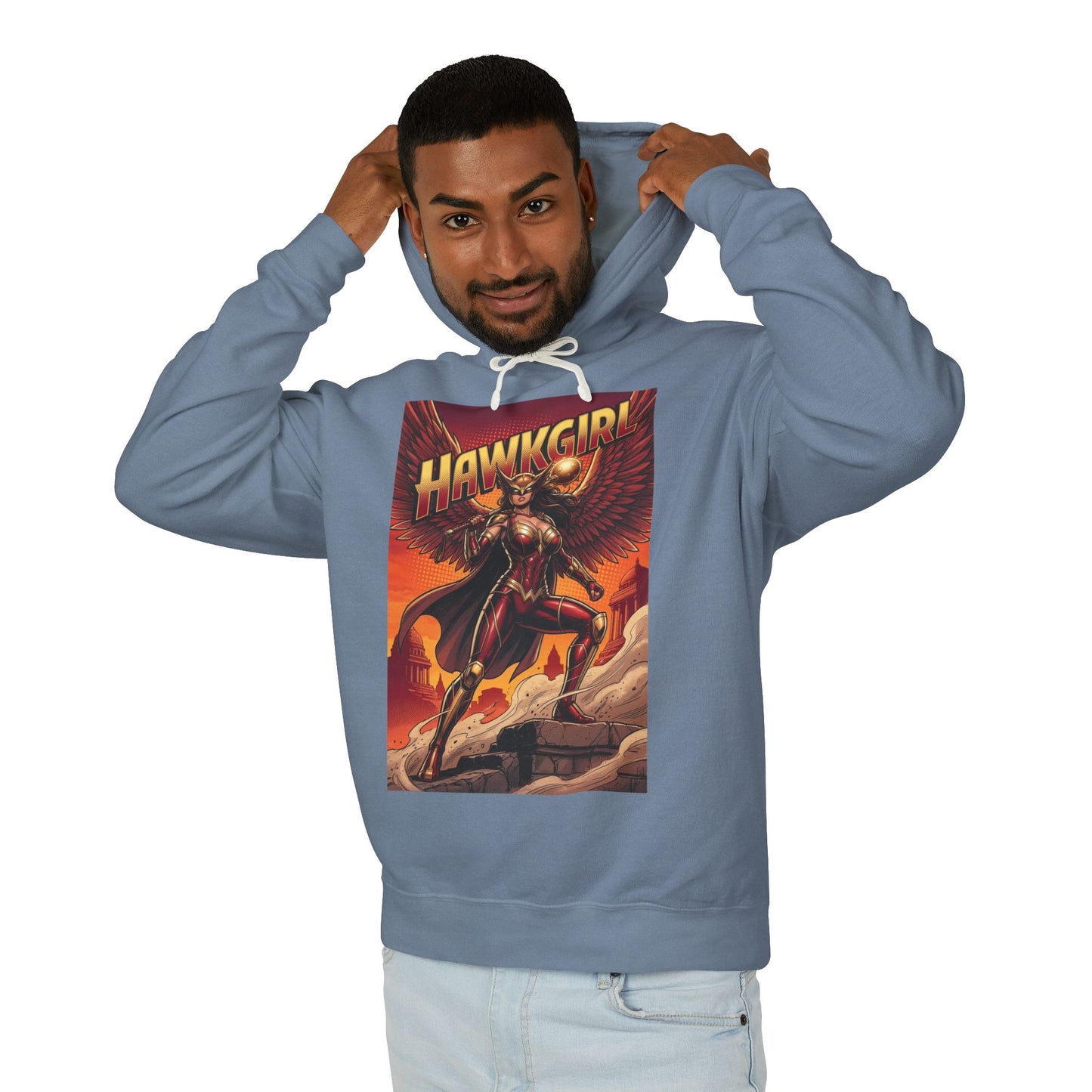 Hawkgirl Hoodie | DC Superhero Hoodie | Winged Warrior Pullover worn by model showcasing graphic winged warrior design on soft blue cotton pullover