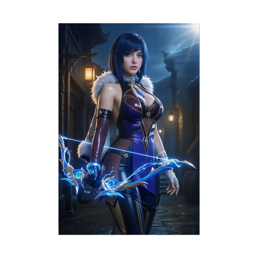 Yelan Poster, Genshin Impact Art Print – Iconic Hydro Heroine Wall Art featuring sleek hydro archer in blue-lit street, ultra-HD gaming room decor