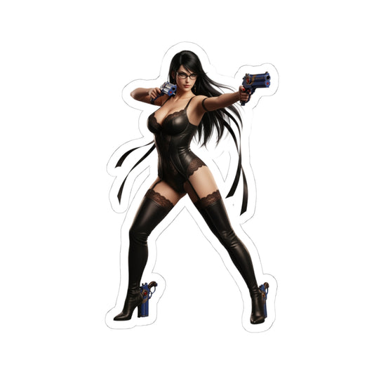 Bayonetta Sticker – Action Game Vinyl Sticker for Laptops & Indoor Decor: glossy durable vinyl decal of iconic action-game heroine aiming twin pistols, perfect for laptops