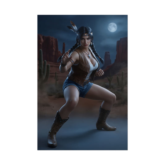 Julia Chang Poster, Tekken Art Print – Iconic Fighting Game Heroine, dynamic full-body poster of female fighter in desert at moonlight