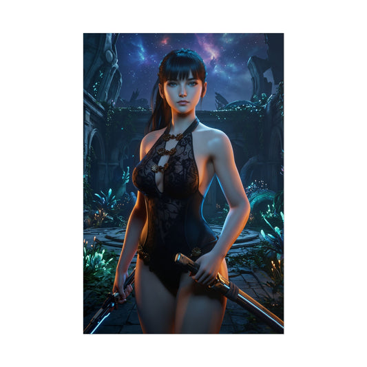 EVE Poster, Stellar Blade Art Print, Iconic Sci-Fi Action Hero - futuristic heroine in combat stance holding dual blades against a neon cosmic ruins backdrop