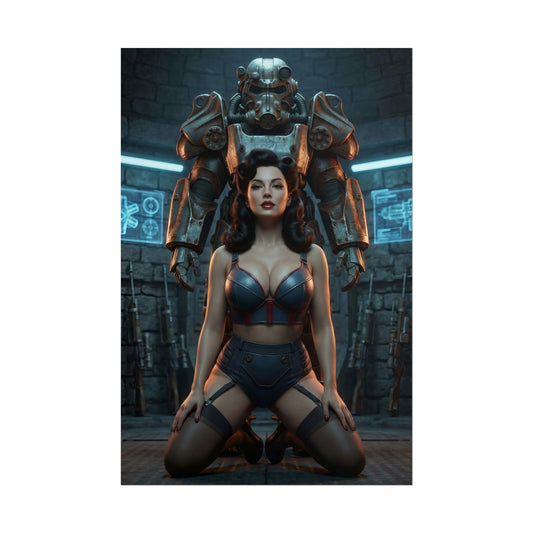 Fallout Power Woman Poster / Fallout Power Wall Art / Fallout Power Art Print / Fallout Poster - commanding Fallout woman kneeling before power armor, bold character wall art