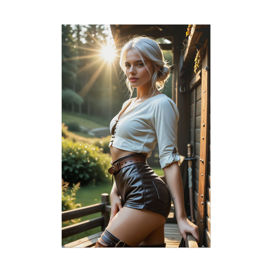 Ciri Heroine Poster – Epic Fantasy Wall Art for Fans and Collectors: high-res semi-gloss print of battle-hardened heroine with dramatic sunflare
