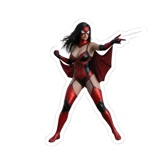 Spider Woman Sticker – Comic Heroine Vinyl Sticker for Laptops & Indoor Decor showing glossy red-black comic heroine pose on durable vinyl