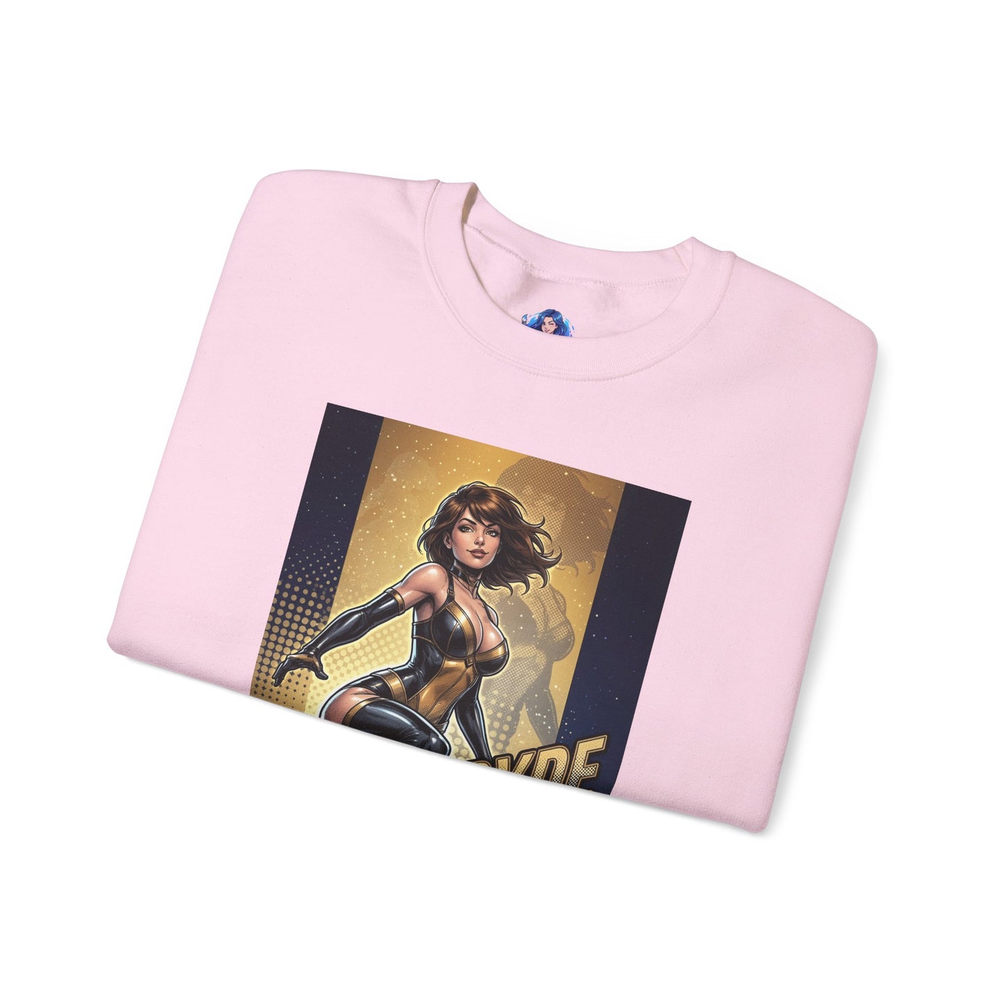 Kitty Pryde Sweatshirt, Marvel Crewneck, Phase Walker Superhero Apparel featuring black-and-gold suit comic art on pink folded crewneck