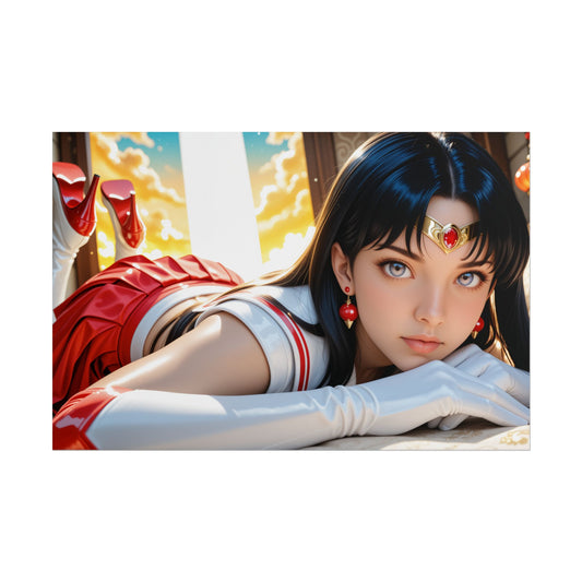 Sailor Mars Poster | Anime Waifu Wall Art for Fire Guardian Decor - high-res Sailor Mars lying pose, shrine maiden elegance, vibrant red and gold tones