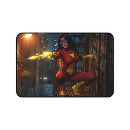Spider-Woman Gaming Mouse Pad, Superhero Desk Mat, Comic Heroine Desk Setup — dynamic urban vigilante artwork with glowing web power on premium mouse pad