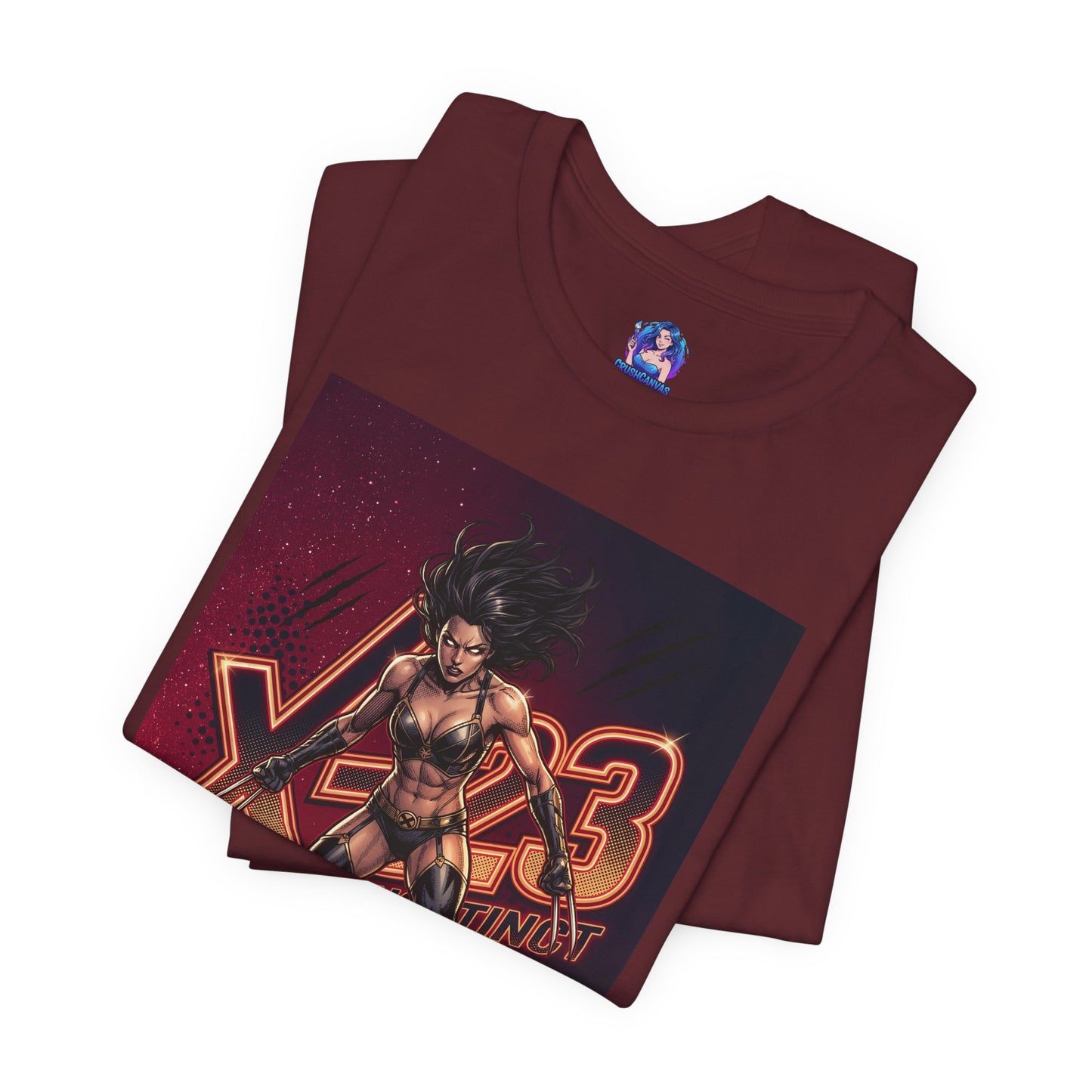 X-23 T-Shirt | Marvel X-Men Anime Tee for Gamers & Fans — maroon Bella Canvas tee with fierce X-23 illustration and extended adamantium claws