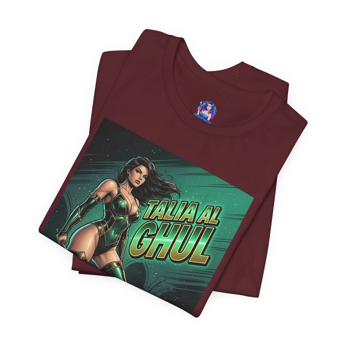 Talia al Ghul T-Shirt | DC Comics Anime Tee for Gamers & Fans - maroon Bella Canvas tee with emerald comic-style Talia illustration