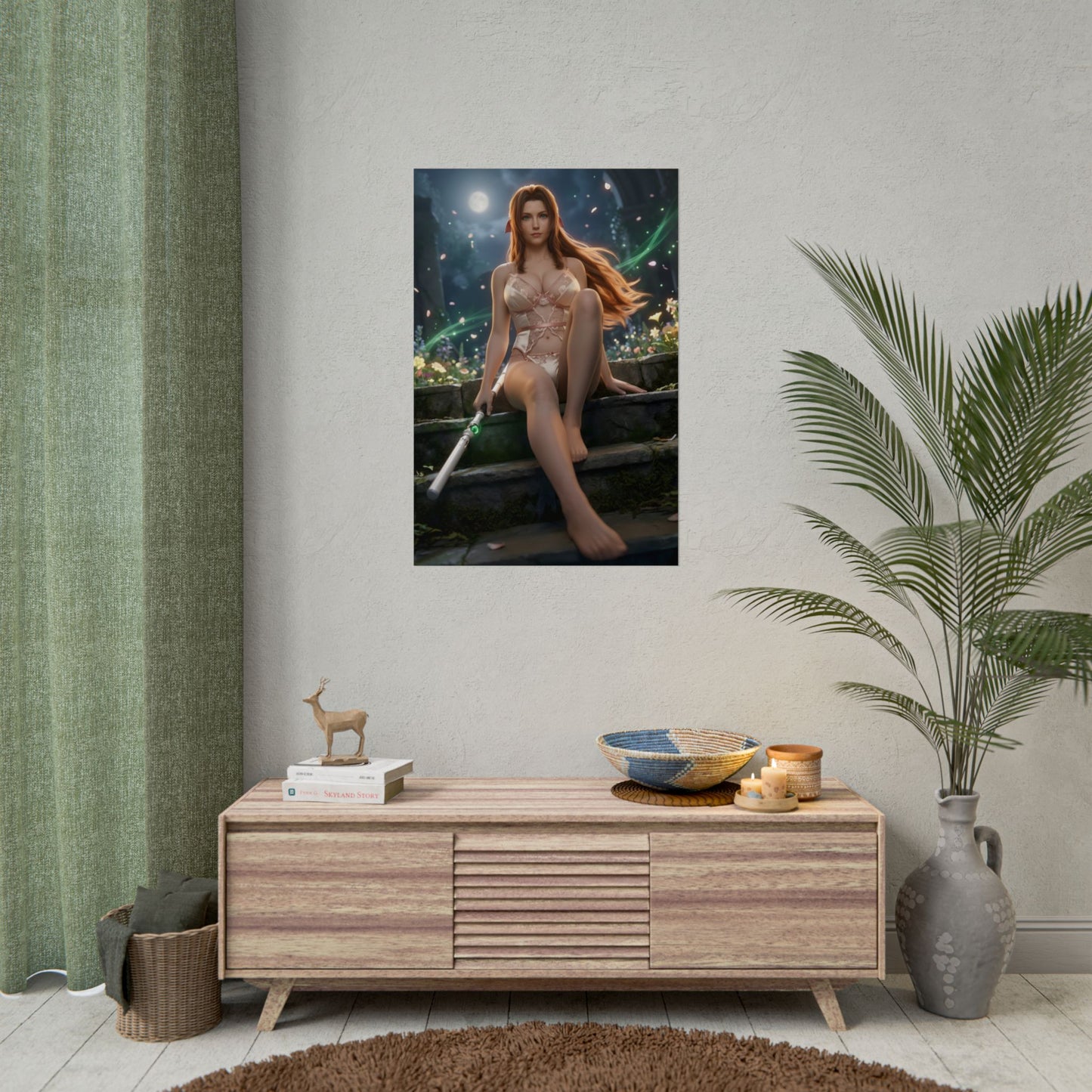 Aerith Gainsborough Poster / Aerith Wall Art / Aerith Art Print / Final Fantasy VII Poster - mystical night scene with petals, glowing staff and serene pose