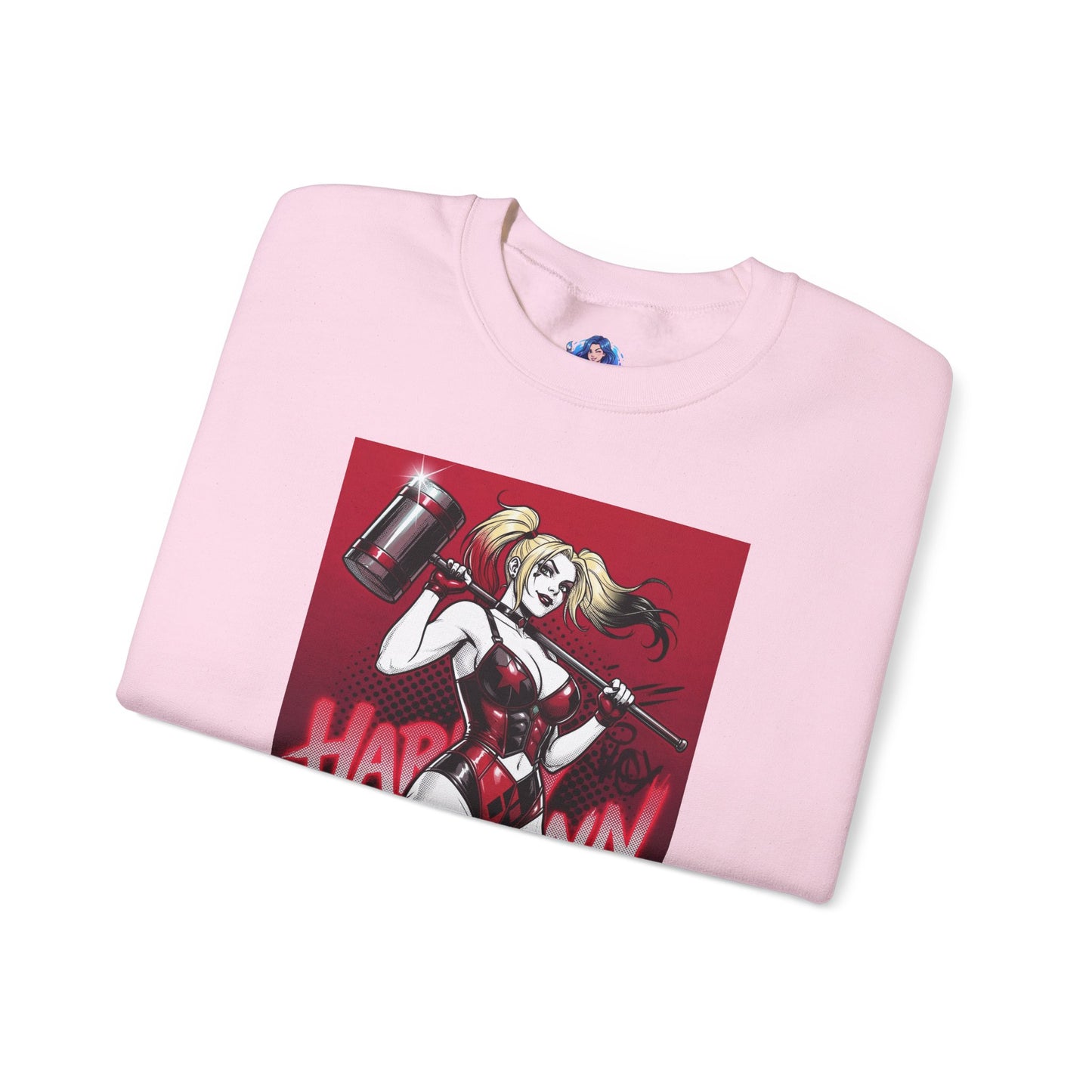 Harley Quinn Sweatshirt, DC Comics Pop Art Style, Premium Fan Apparel — pink crewneck with anime-inspired Harley holding oversized hammer