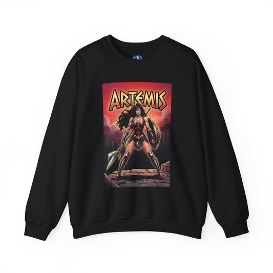 Artemis Sweatshirt, DC Comics Warrior Art, Premium Hero Apparel black crewneck featuring Artemis in armor with spear and shield