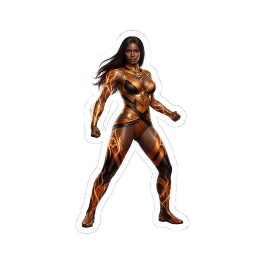 Vixen Sticker – Comic Heroine Vinyl Sticker for Laptops & Indoor Decor showing bold comic-style heroine in glossy orange-and-black suit