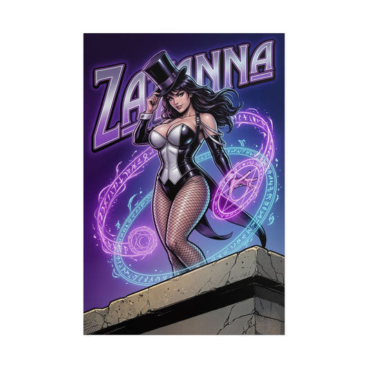 Zatanna Poster / Zatanna Wall Art / Zatanna Art Print / DC Comics Poster - Zatanna in top hat casting neon magical runes on rooftop
