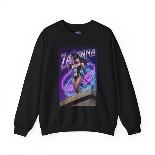 Zatanna Sweatshirt, DC Comics Character Art, Premium Fan Apparel - black crewneck with Zatanna illustration and glowing violet spell effects