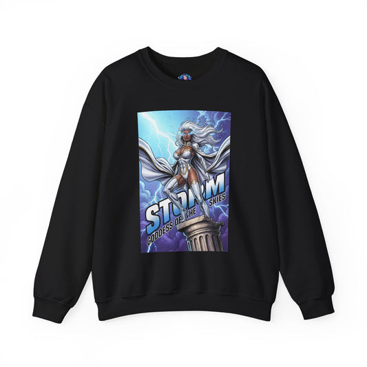 Storm Sweatshirt, Marvel Crewneck, Goddess of the Skies Fan Apparel — black crewneck with Storm illustration, lightning skies and bold typography