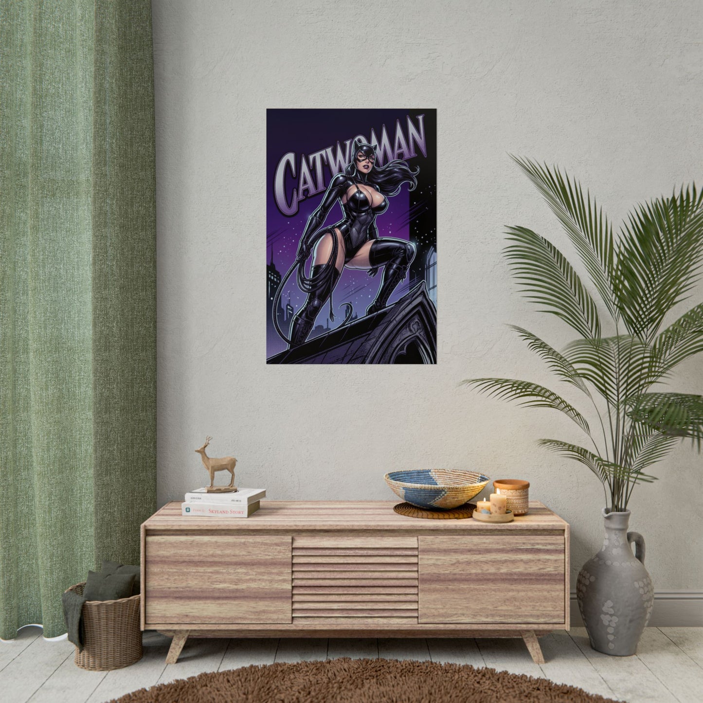 Catwoman Poster / Catwoman Wall Art / Catwoman Art Print / DC Comics Poster - sleek night scene of confident Catwoman posed above city