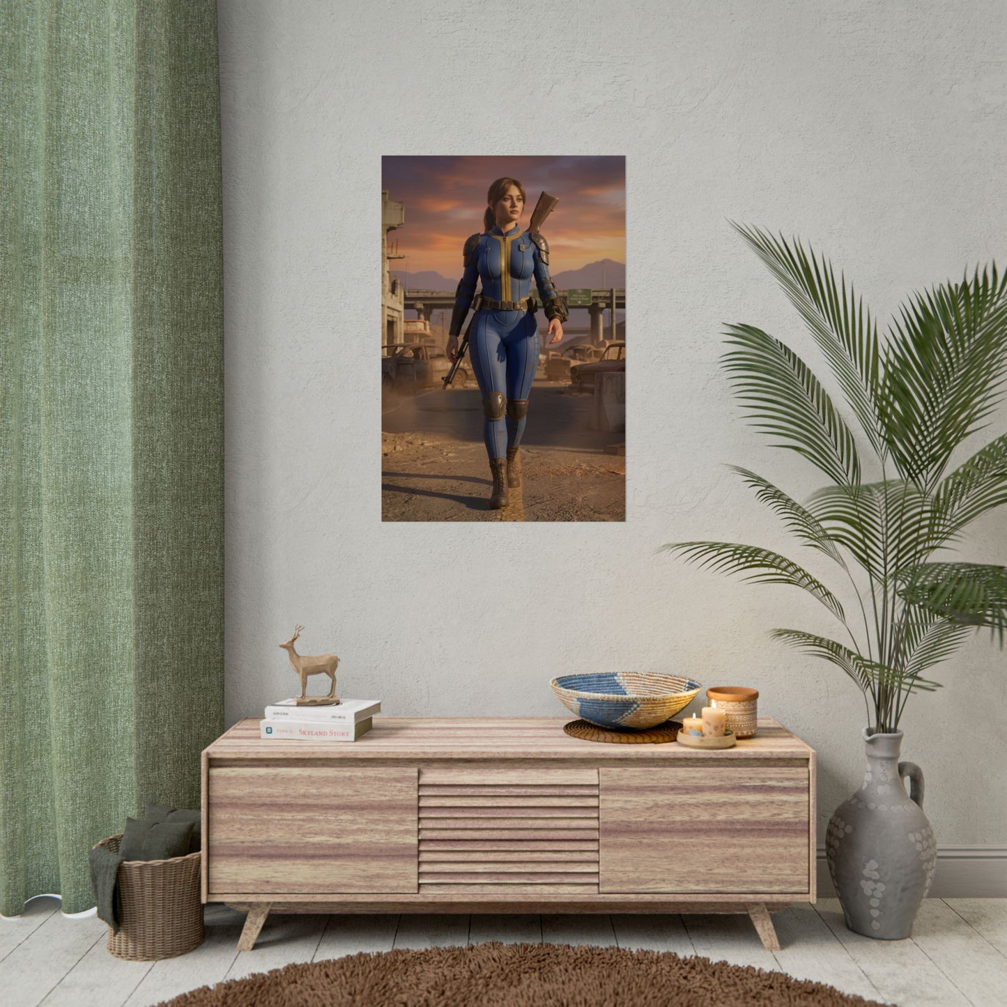 Lucy Fallout Poster, Fallout Art Print – Vault Dweller Wall Art displayed as gamer room wall decor featuring a Vault suit character