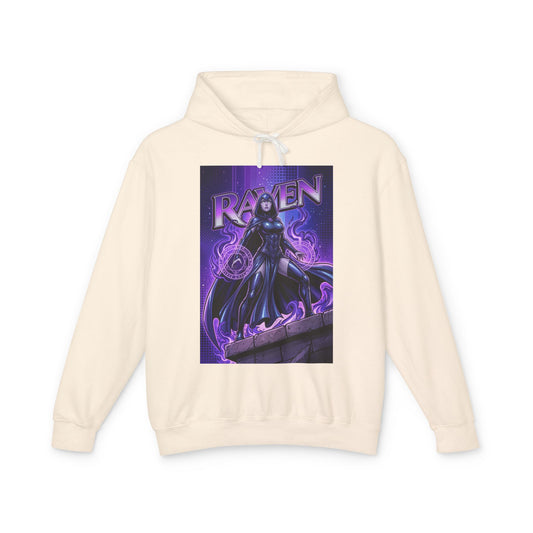 Raven Hoodie | DC Superhero Hoodie | Dark Magic Empress Pullover featuring Raven graphic on cream cotton hoodie with purple arcane design