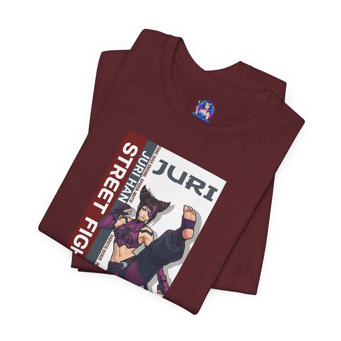 Juri Han T-Shirt | Street Fighter Anime Tee for Gamers & Fighting Game Fans maroon Bella Canvas tee showing bold Juri illustration folded