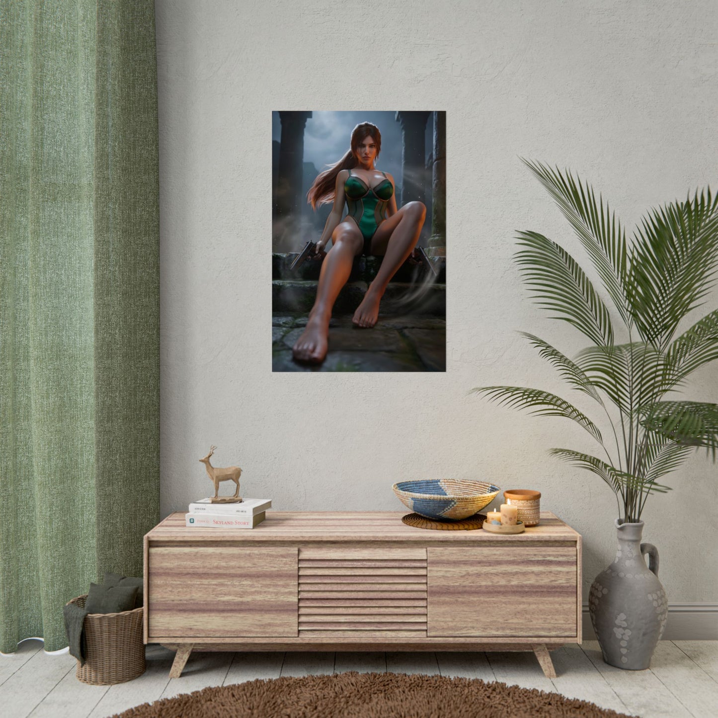 Lara Croft Poster / Lara Croft Wall Art / Lara Croft Art Print / Tomb Raider Poster — seated Lara Croft amidst ancient ruins with dramatic cinematic lighting