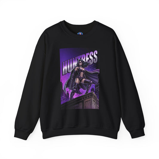 Huntress Sweatshirt, DC Comics Character Art, Premium Fan Apparel - black crewneck with Huntress rooftop purple comic illustration