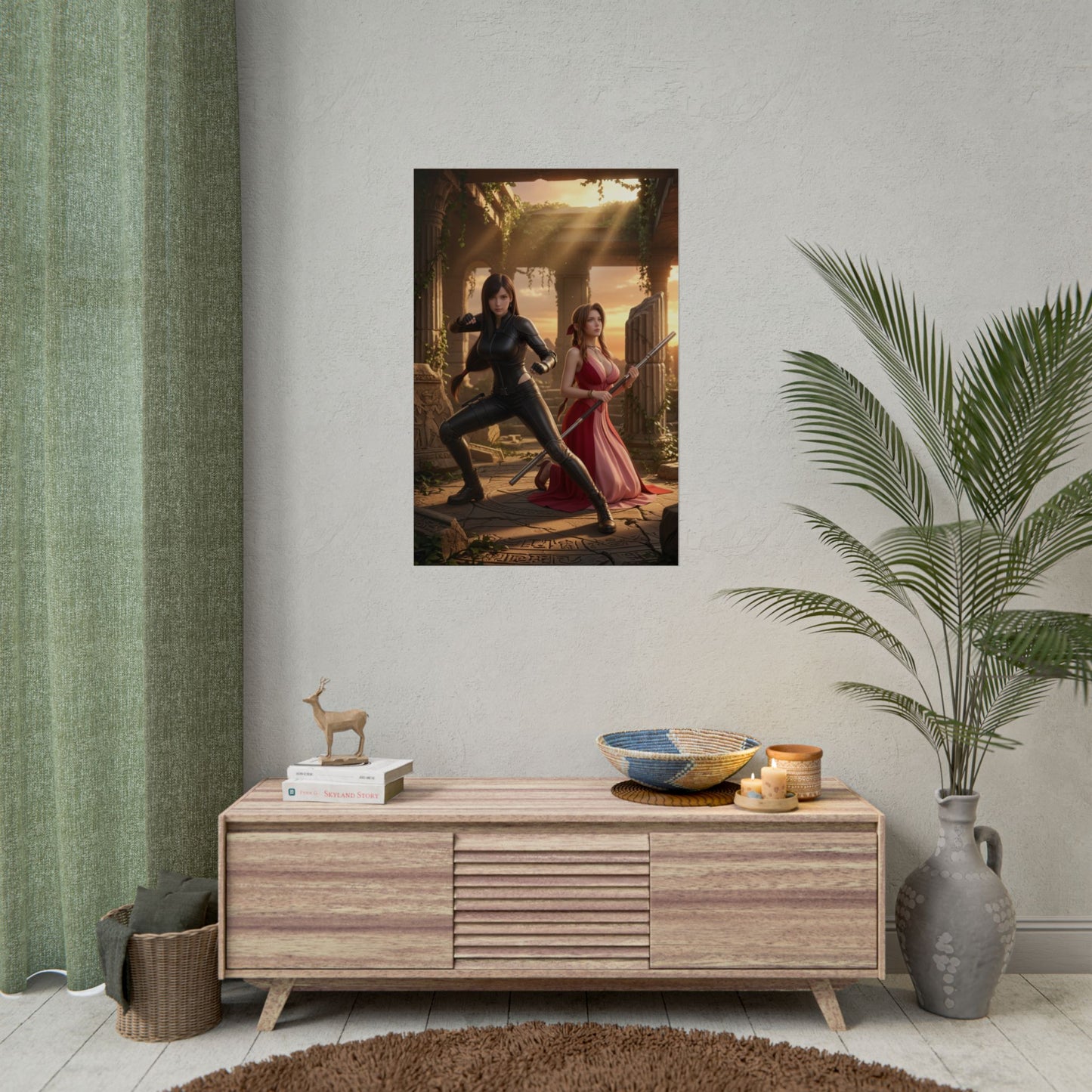 Tifa and Aerith Poster, Final Fantasy Art Print – Iconic Duo hanging in a gamer room above modern console, framed wall art for collectors