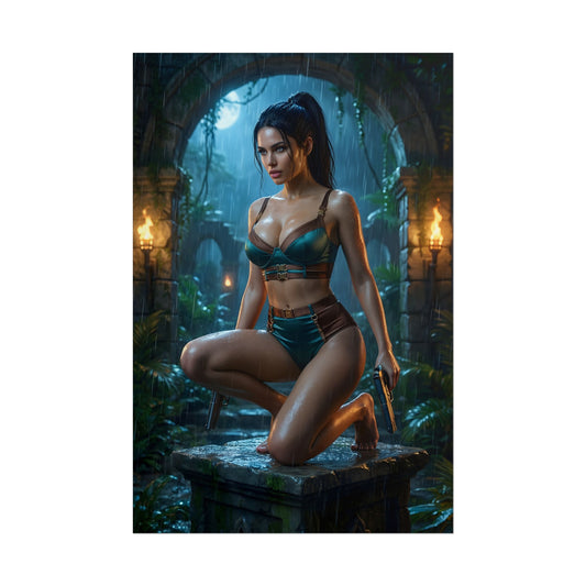 Lara Croft Poster / Lara Croft Wall Art / Lara Croft Art Print / Tomb Raider Poster showing Lara Croft kneeling in rain-soaked jungle temple with torches and dual pistols