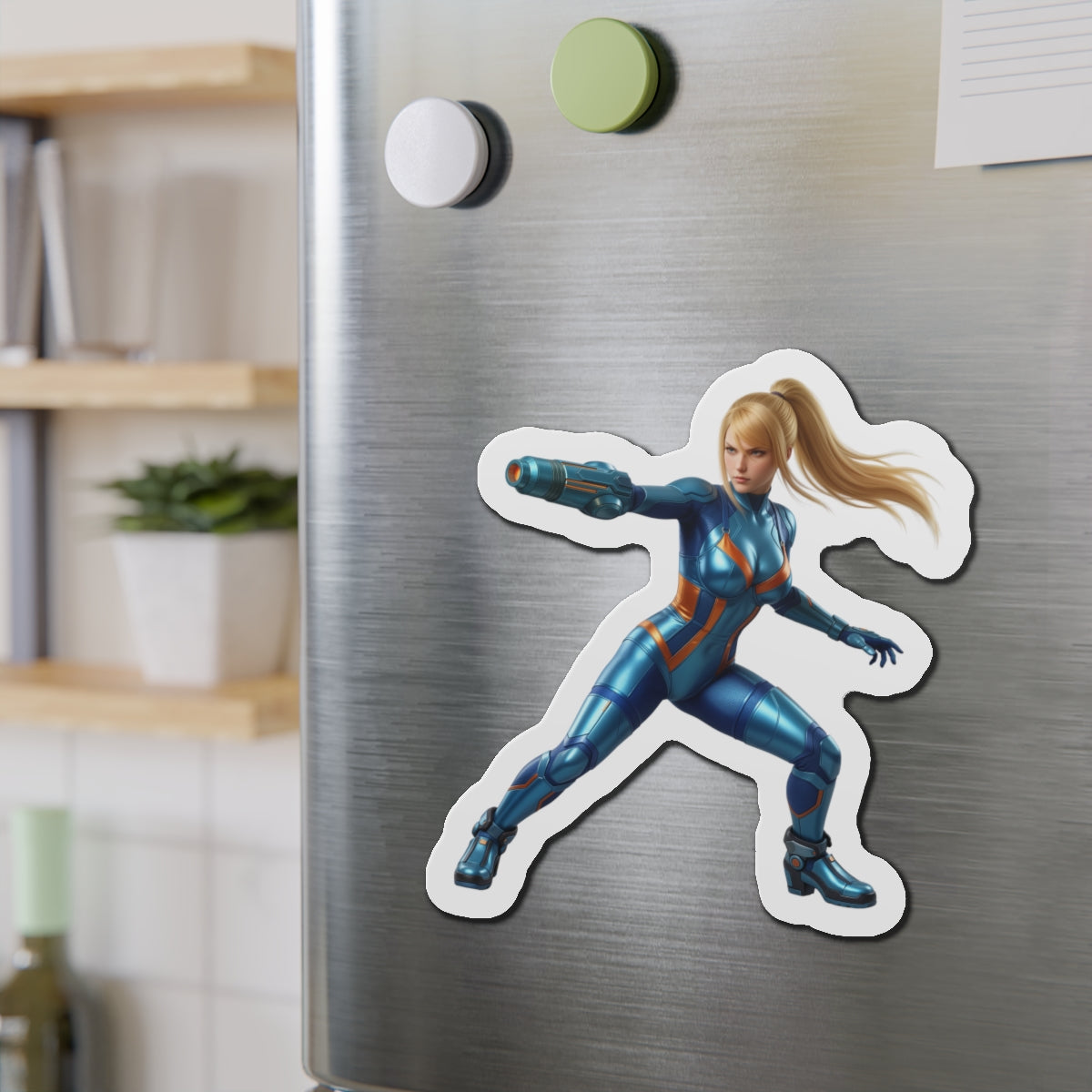 Samus Aran Magnet – Classic Sci-Fi Game Character Fridge Magnet, Decor on stainless steel fridge showing die-cut vinyl Samus Aran artwork