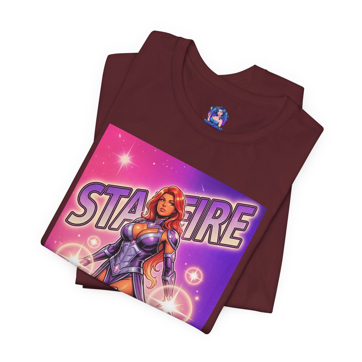 Starfire T-Shirt | DC Comics Anime Tee for Gamers & Fans folded maroon Bella Canvas tee with anime Starfire graphic