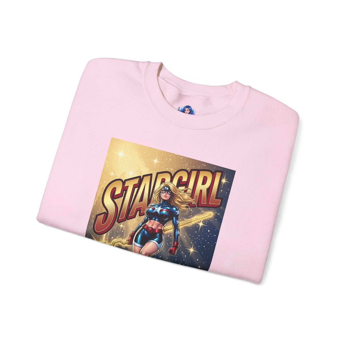 Stargirl Sweatshirt, DC Comics Character Art, Premium Fan Apparel - pink crewneck with Stargirl cosmic staff graphic and gold star accents