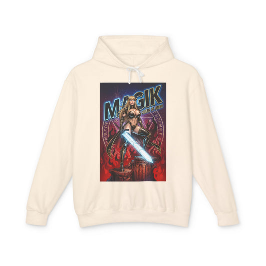 Magik Hoodie | Dark Fantasy Hoodie | Anime Sword Warrior Pullover featuring Magik queen of Limbo artwork with glowing sword on cream cotton pullover