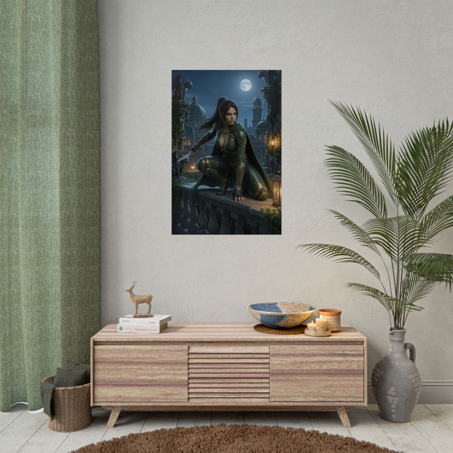 Talia al Ghul Poster, DC Comics Art Print – Assassin Wall Art showing Talia perched on a balcony at night in green assassin costume
