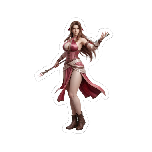 Aerith Sticker – Fantasy Game Vinyl Sticker for Laptops & Indoor Decor showing elegant female fantasy character in pink dress on glossy die-cut vinyl