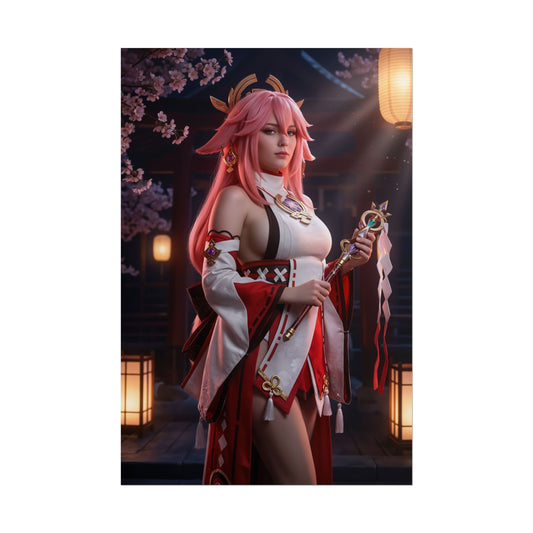 Yae Miko Poster, Genshin Impact Art Print – Iconic Electro Shrine Maiden showing elegant shrine maiden cosplay poster with lanterns and cherry blossoms