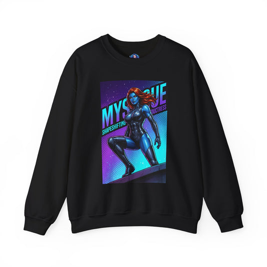 Mystique Sweatshirt, Marvel Crewneck, Shapeshifting Villain Fan Apparel — black crewneck with blue-skinned Mystique illustration and red hair