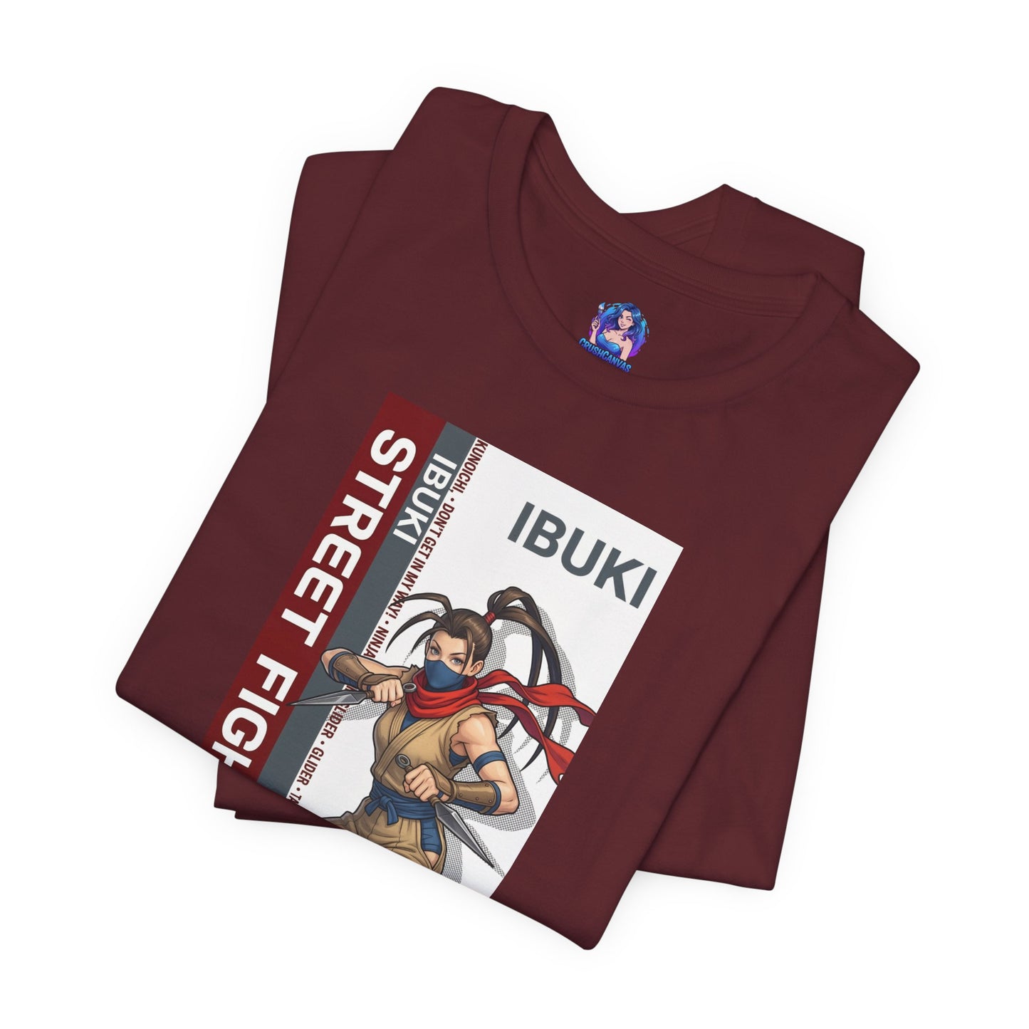 Ibuki T-Shirt | Street Fighter Anime Tee for Gamers & Fighting Game Fans - maroon tee showing dynamic Ibuki ninja illustration on Bella Canvas 3001