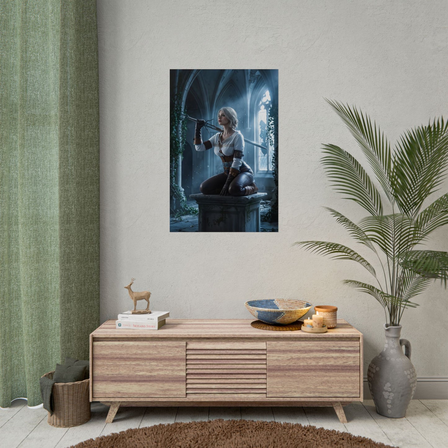 Ciri Poster, Witcher Series Print, Legendary RPG Hero Art Wall Decor - moody gaming room wall art featuring seated Ciri with sword