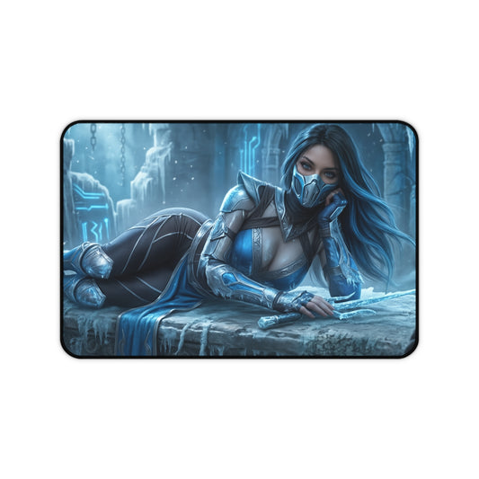 Frost Gaming Mouse Pad, Mortal Kombat Desk Mat, Ice Fighter Girl Setup featuring icy cryomancer artwork on a wide gaming desk mat