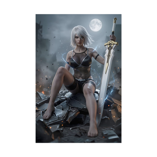 A2 Poster / A2 Wall Art / A2 Art Print / NieR Automata Poster featuring fierce android warrior with sword amid destroyed city ruins