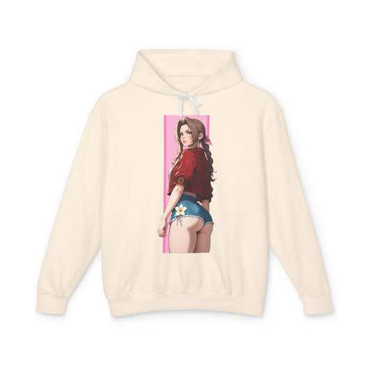 Aerith Gainsborough Hoodie | Fantasy RPG Hoodie | Anime Heroine Pullover - cream pullover with illustrated Aerith design, floral accent, casual soft cotton