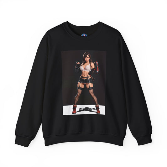 Tifa Lockhart Sweatshirt, RPG Hero Crewneck, Premium Gaming Streetwear for Fans - black crewneck with detailed Tifa illustration