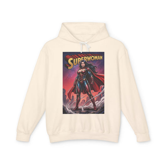 Superwoman Hoodie | DC Superhero Hoodie | Power Unleashed Pullover - cream pullover with bold Superwoman comic art, breathable 100% ring-spun cotton.