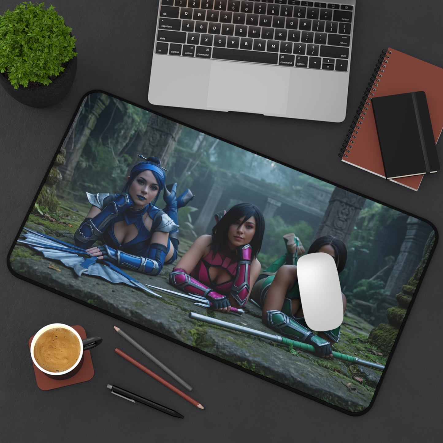 Kitana Jade Mileena Gaming Mouse Pad, Mortal Kombat Desk Mat, Edenian Fighters Setup featuring trio artwork on a premium large gaming desk mat