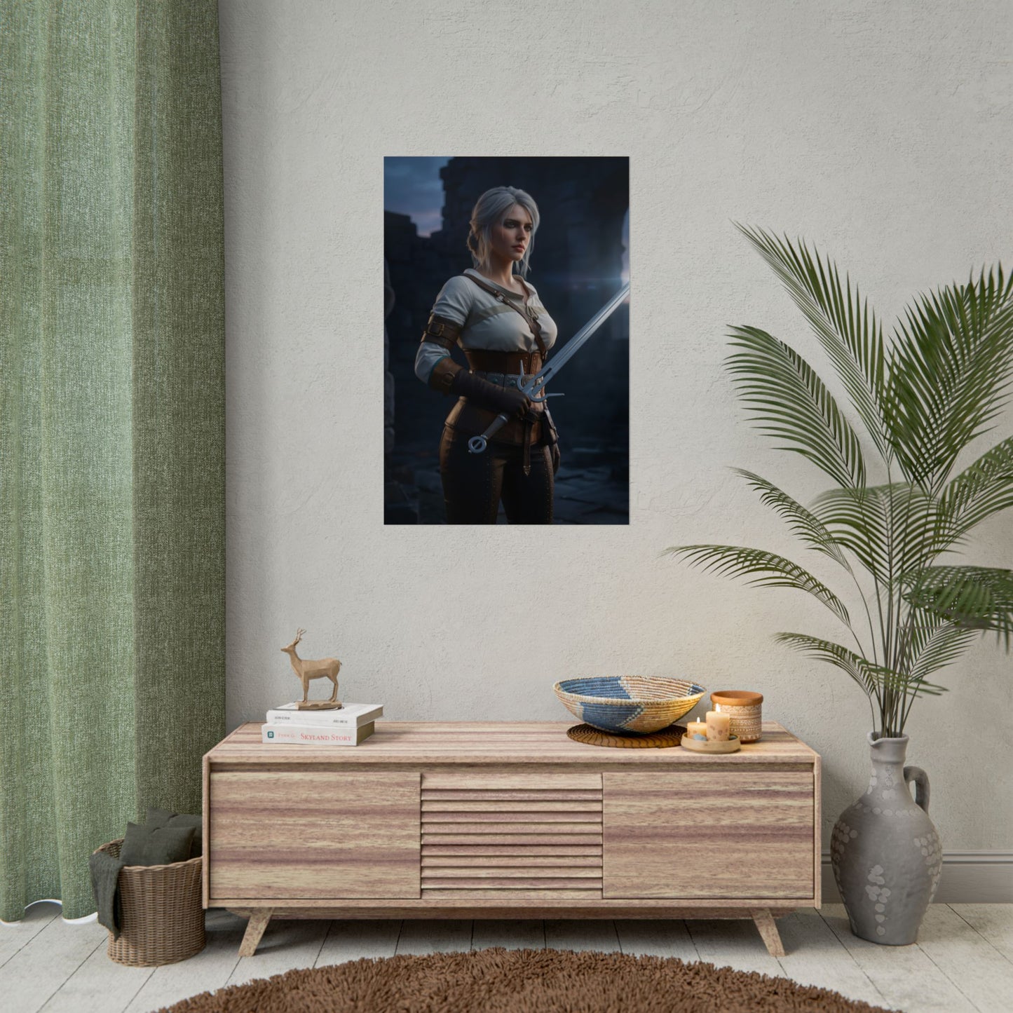 Ciri Poster, The Witcher Art Print – Iconic RPG Heroine Wall Art showing Ciri with sword in a modern gamer room display