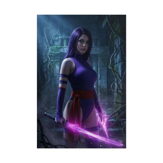 Psylocke Poster, Marvel Art Print – Iconic Mutant Ninja Heroine Wall Art — vivid high-resolution Psylocke with glowing psychic katana in dark temple
