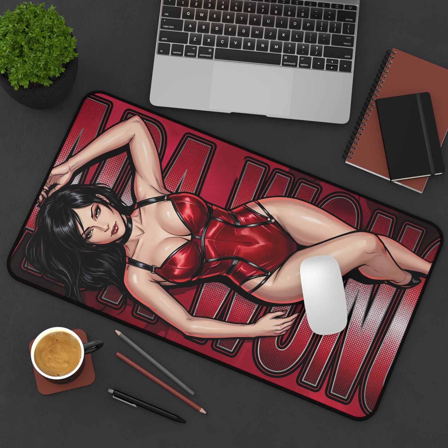 Ada Wong Mouse Pad – Action Game Gaming Mouse Pad, Stylish Gamer Desk Decor featuring red-suited character on a large gaming desk mouse pad