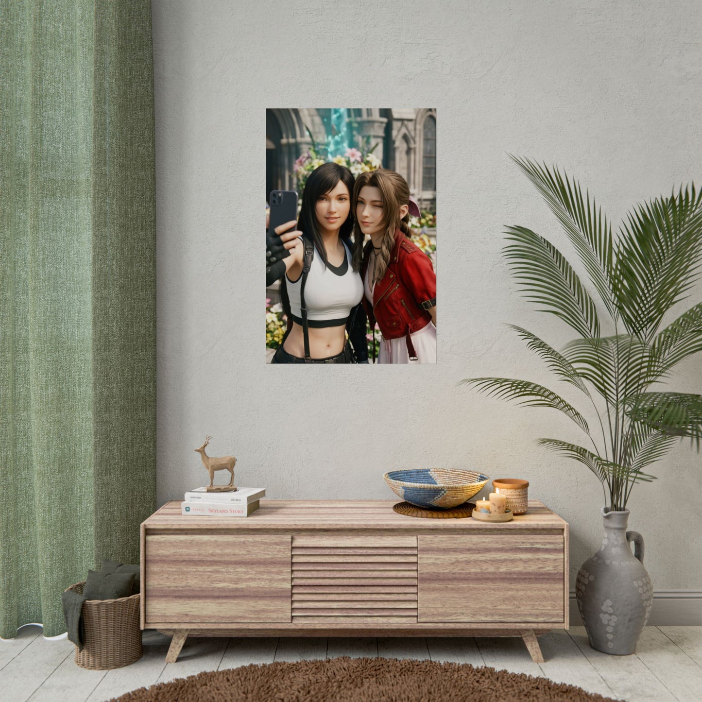 Tifa and Aerith Final Fantasy Poster – Iconic RPG Heroines Wall Art showcasing Tifa and Aerith selfie print in a stylish living room display