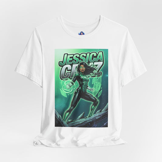 Jessica Cruz T-Shirt | DC Comics Green Lantern Anime Tee for Fans - anime-style Jessica Cruz in glowing green suit on Bella Canvas tee